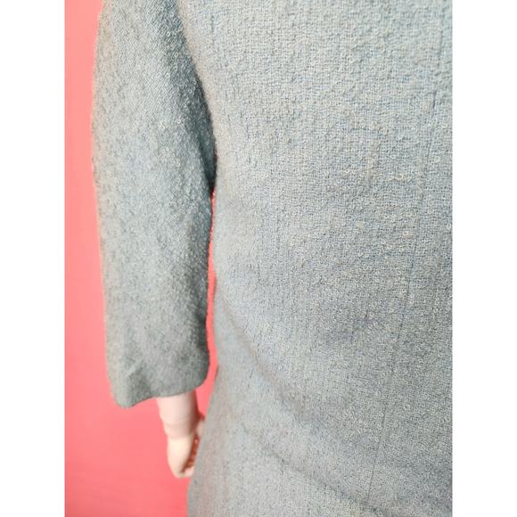 Size XS | Vintage 1960's Light Steel Blue Wool Boucle Knit Skirt Suit Set - Picture 6 of 11